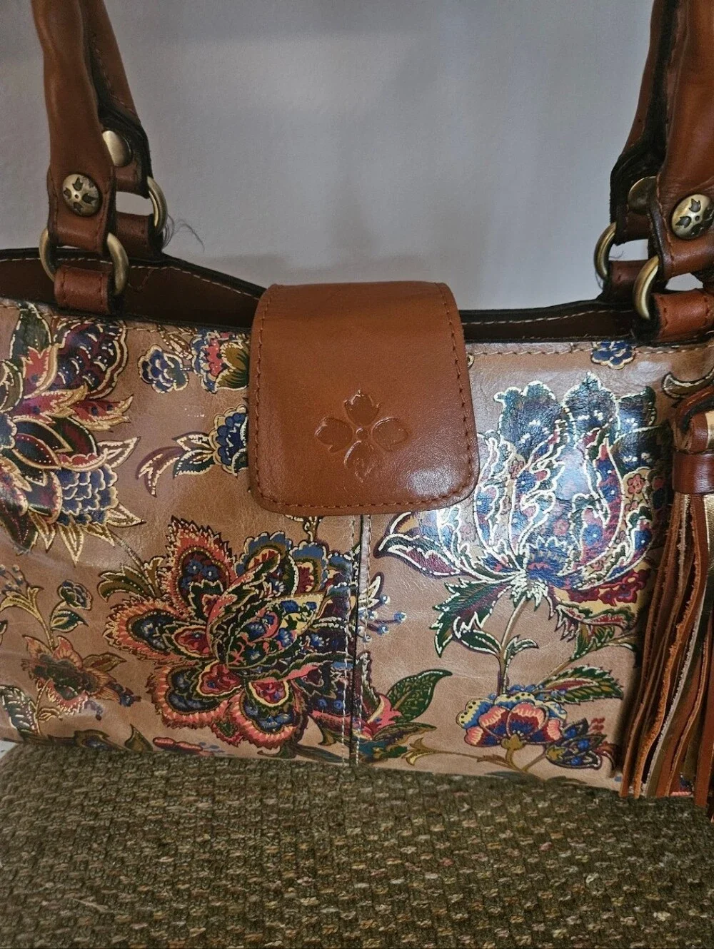 Floral Embossed Tan Leather Tote Bag